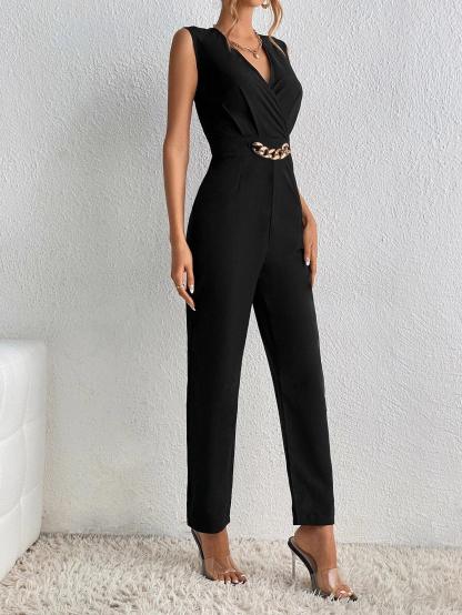 Chain Detail Surplice Neck Jumpsuit-Comfy Jumpsuits