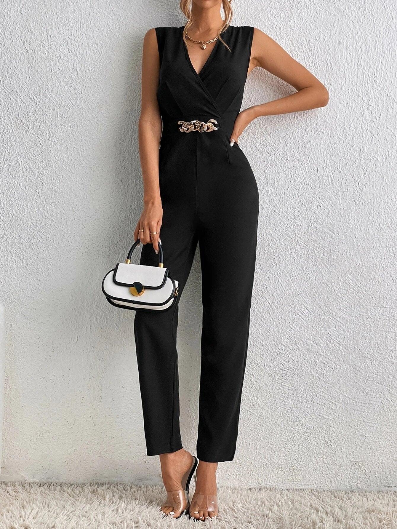 Chain Detail Surplice Neck Jumpsuit-Comfy Jumpsuits