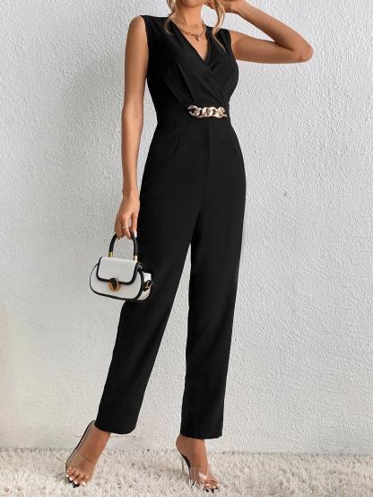 Chain Detail Surplice Neck Jumpsuit-Comfy Jumpsuits