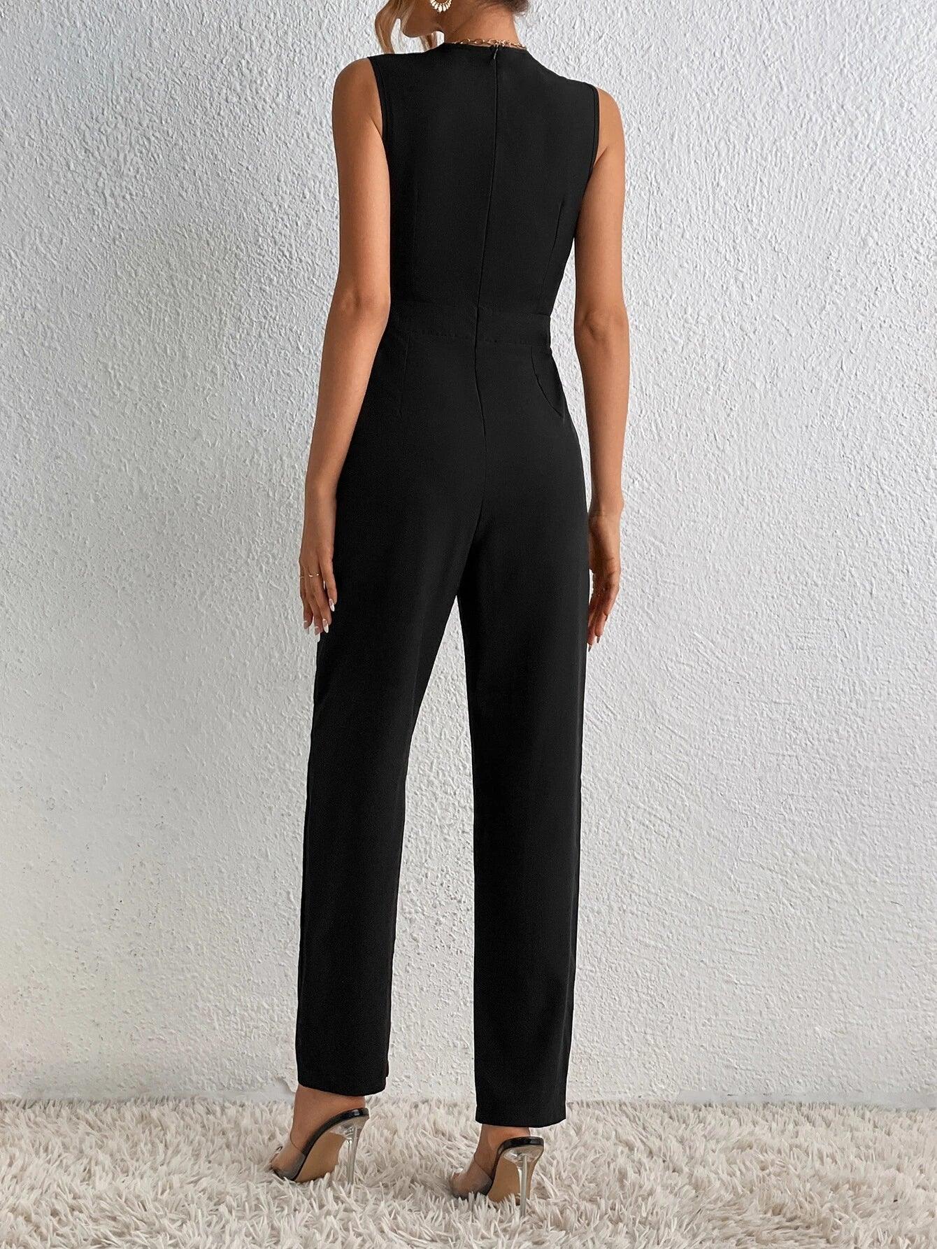 Chain Detail Surplice Neck Jumpsuit-Comfy Jumpsuits