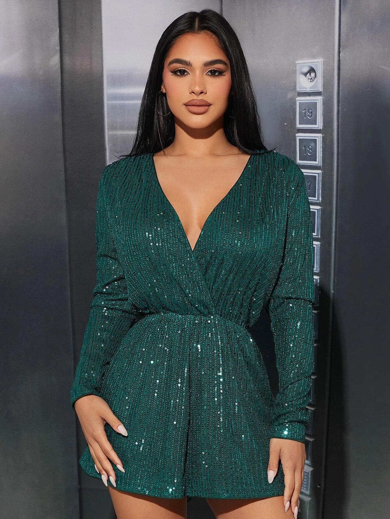 Surplice Neck Sequin Romper-Comfy Jumpsuits