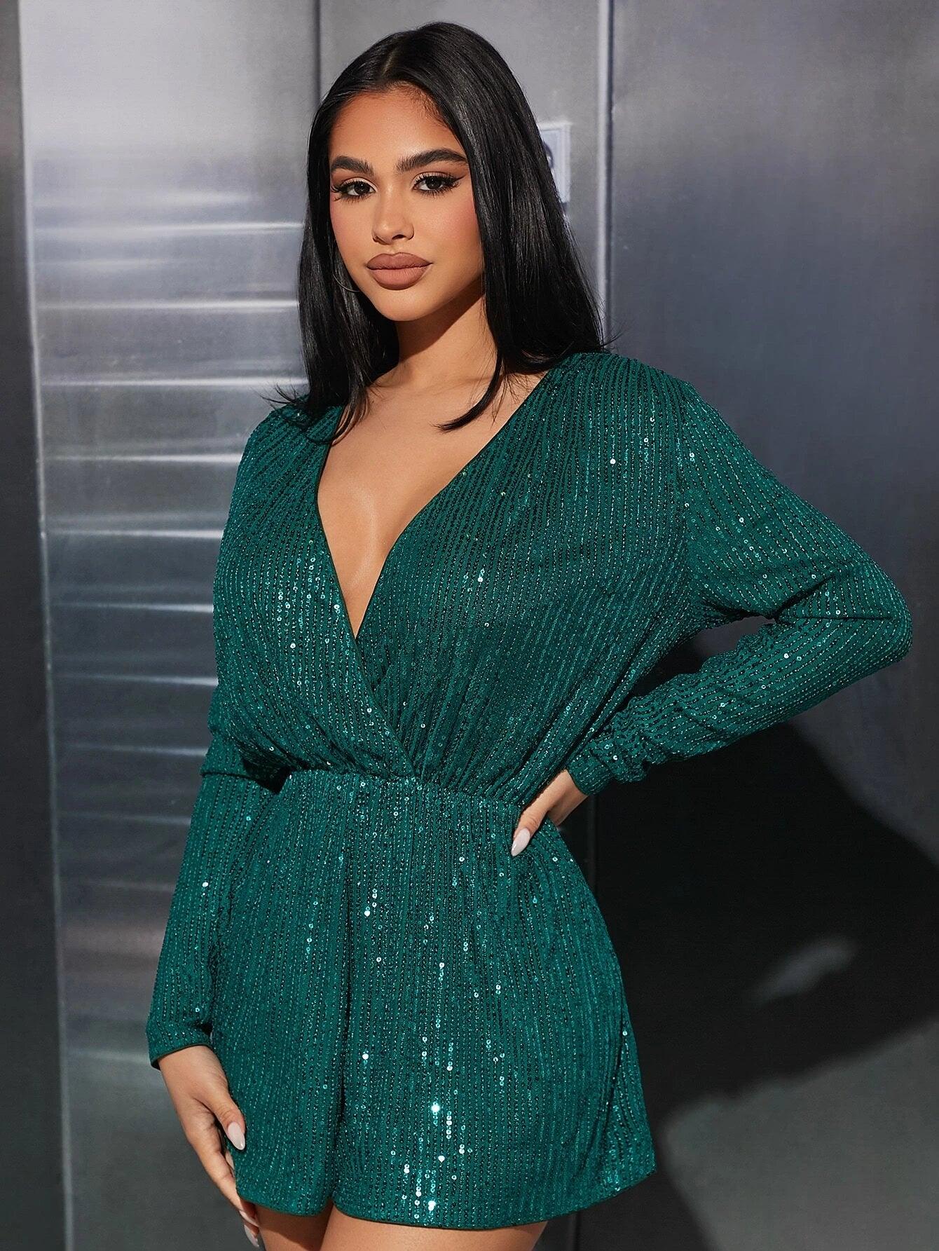 Surplice Neck Sequin Romper-Comfy Jumpsuits