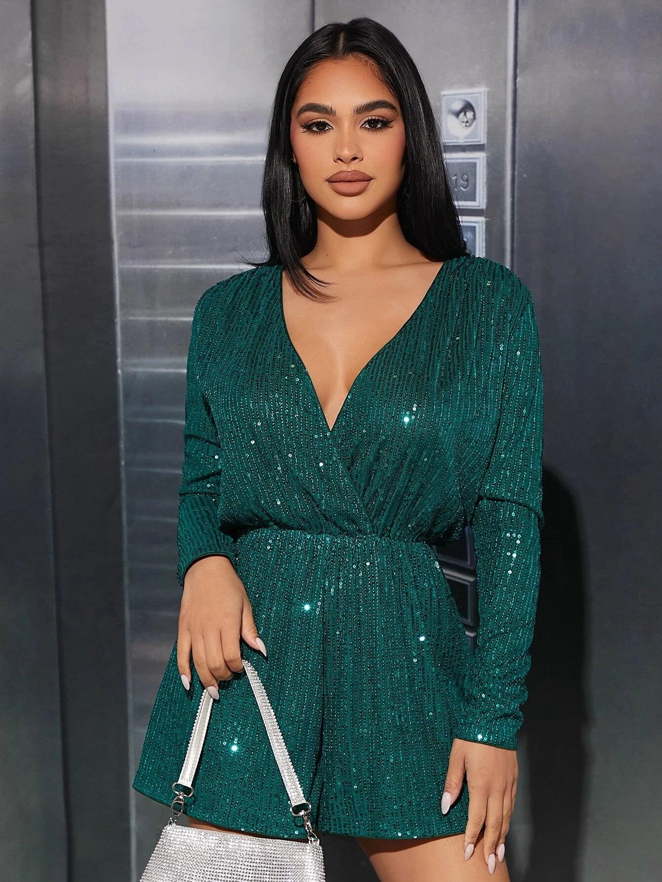 Surplice Neck Sequin Romper-Comfy Jumpsuits