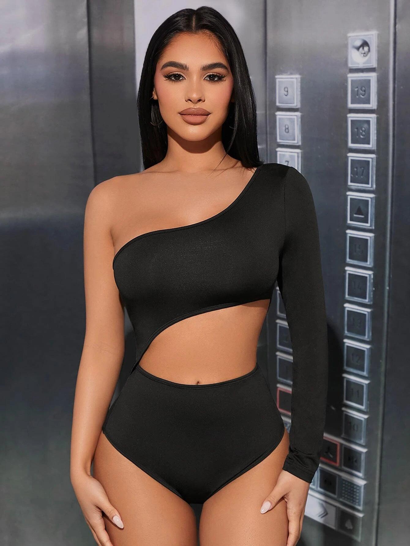 One Shoulder Cut Out Design Bodysuit-Comfy Jumpsuits