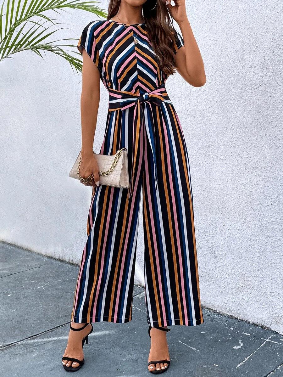 Striped Print Belted Jumpsuit-Comfy Jumpsuits
