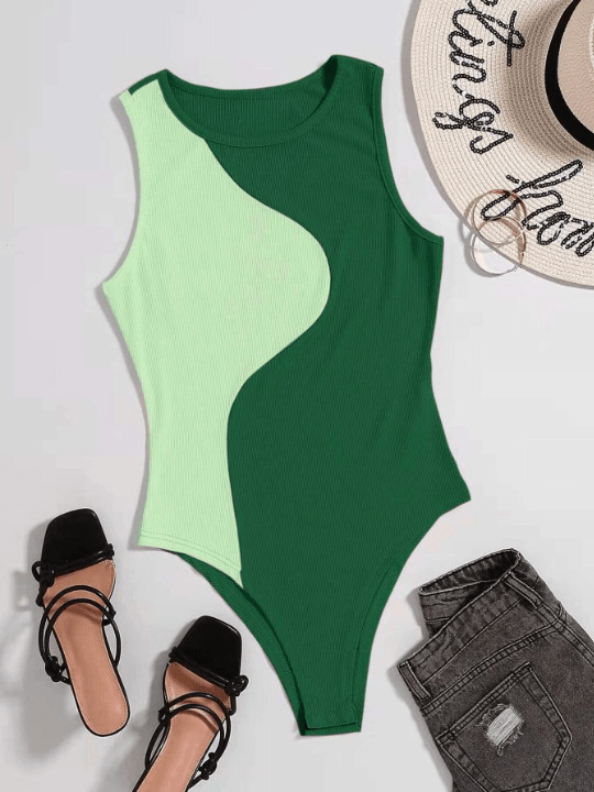 Two Tone Ribbed Knit Bodysuit-Comfy Jumpsuits