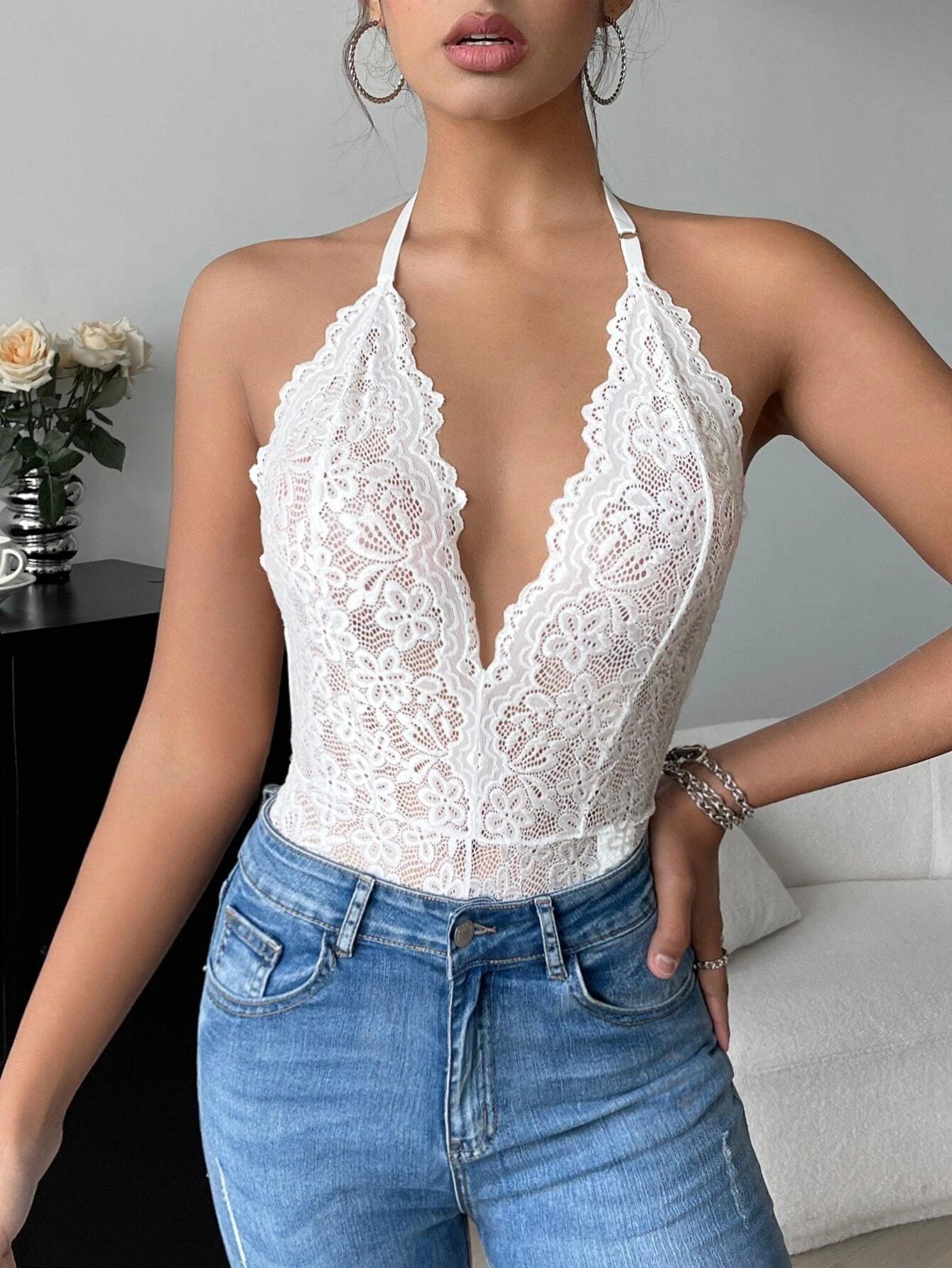 Floral Lace Halter Neck Bodysuit-Comfy Jumpsuits