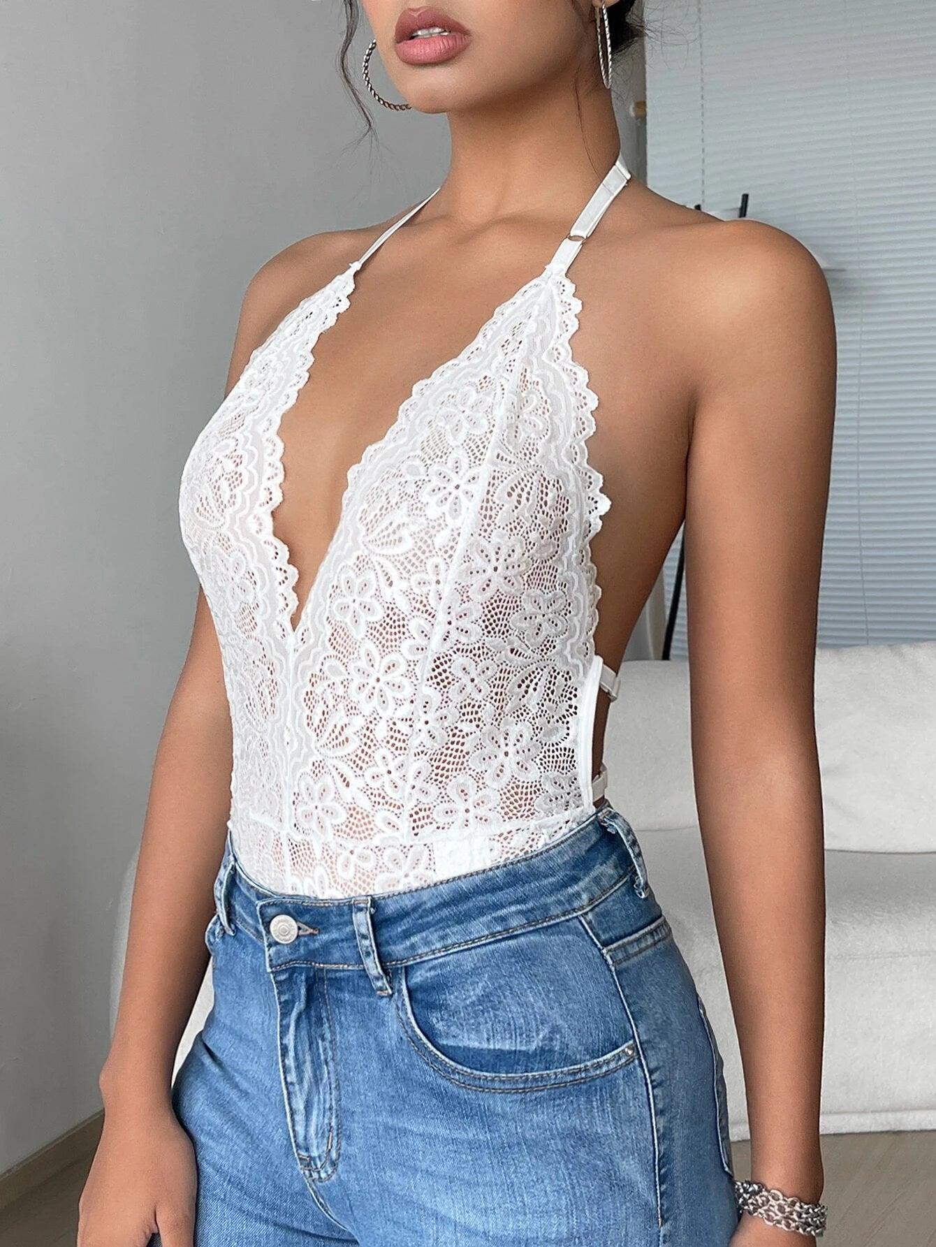 Floral Lace Halter Neck Backless Bodysuit-Comfy Jumpsuits