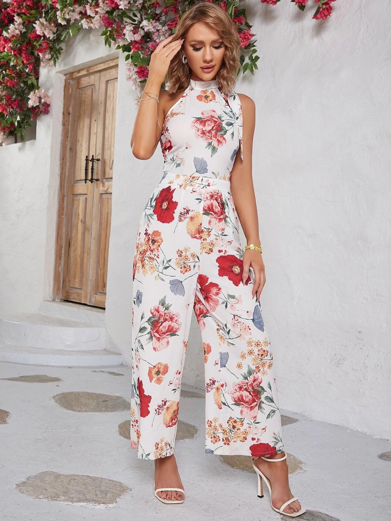 Floral Print Halter Neck Jumpsuit-Comfy Jumpsuits