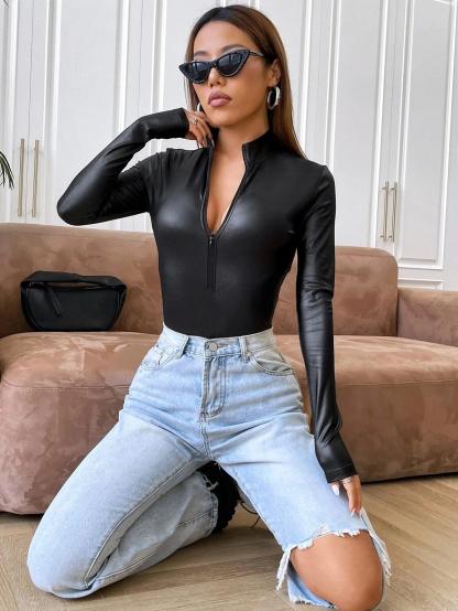 Half Zip Slim Fit Bodysuit-Comfy Jumpsuits