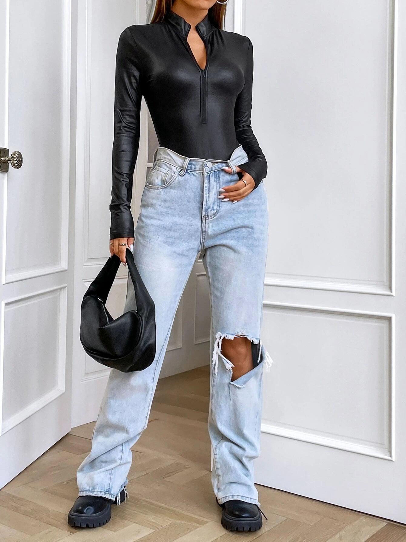 Half Zip Slim Fit Bodysuit-Comfy Jumpsuits