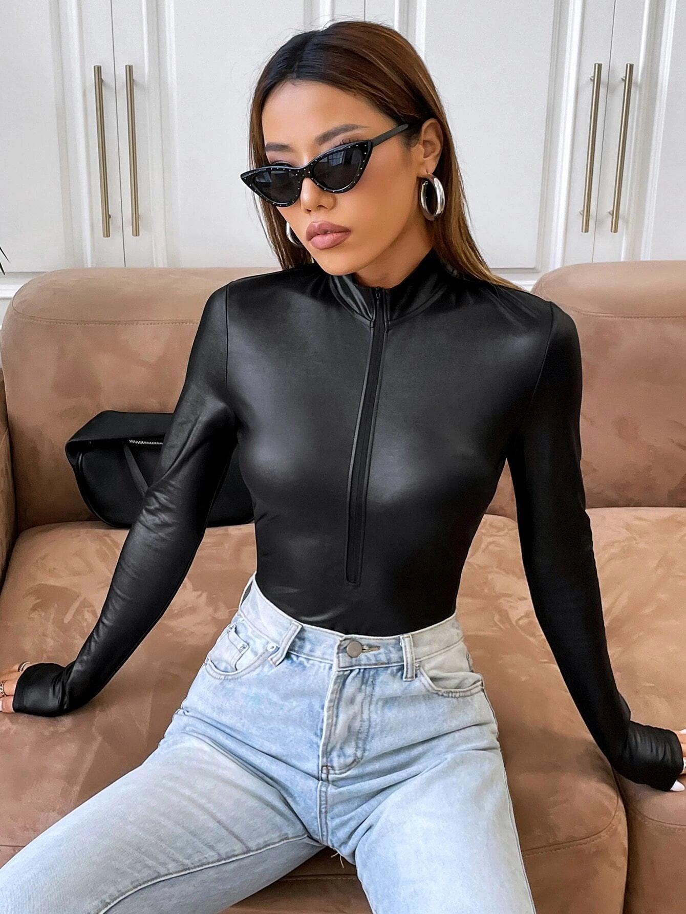 Half Zip Slim Fit Bodysuit-Comfy Jumpsuits