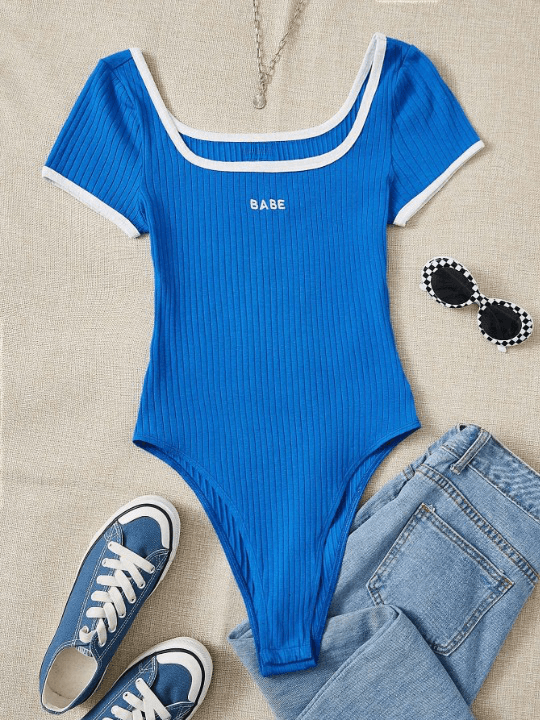 Letter Rib-Knit Ringer Bodysuit-Comfy Jumpsuits