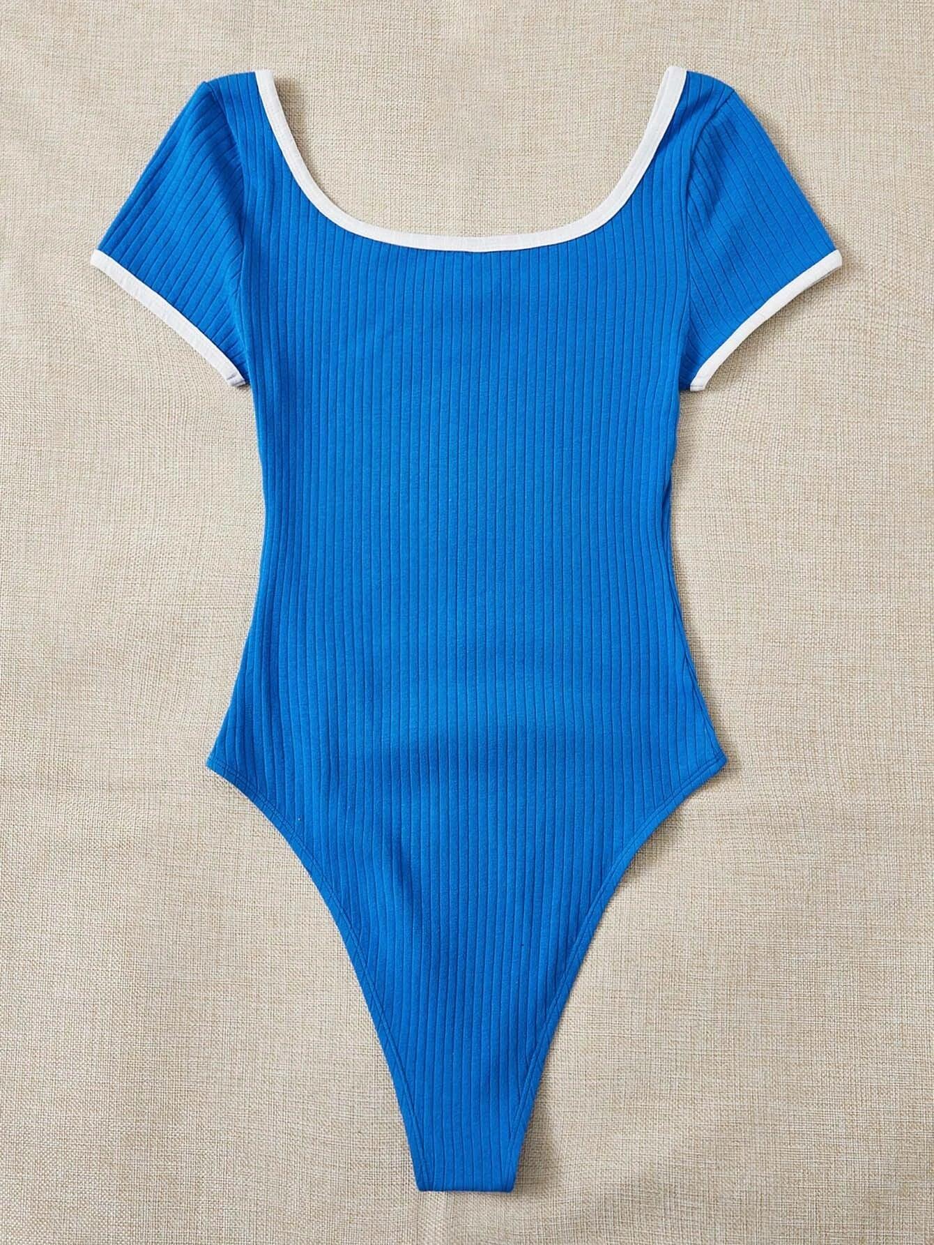 Letter Rib-Knit Ringer Bodysuit-Comfy Jumpsuits