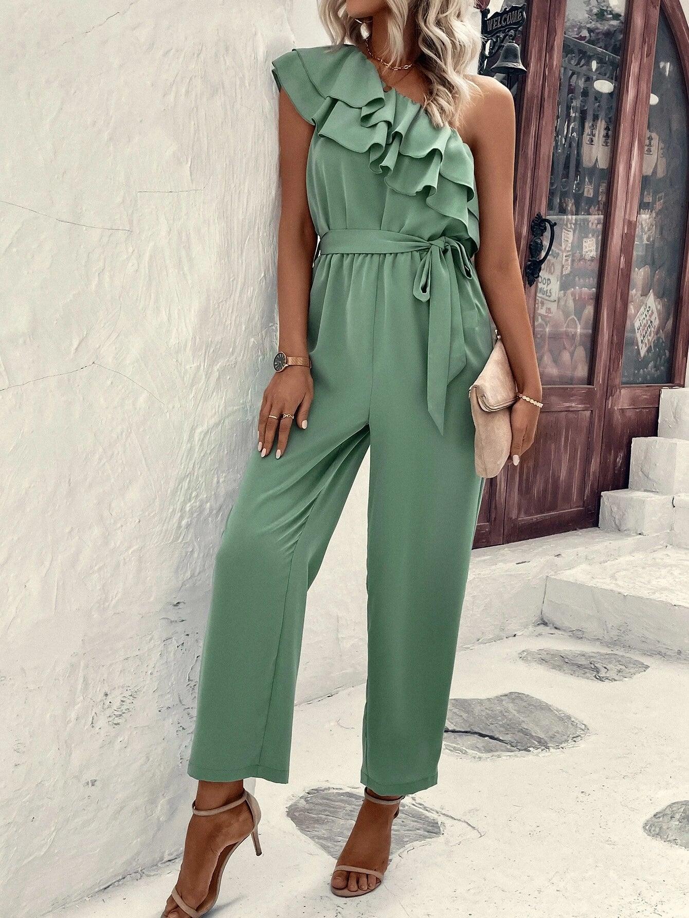 Shoulder Ruffle Trim Belted Jumpsuit-Comfy Jumpsuits