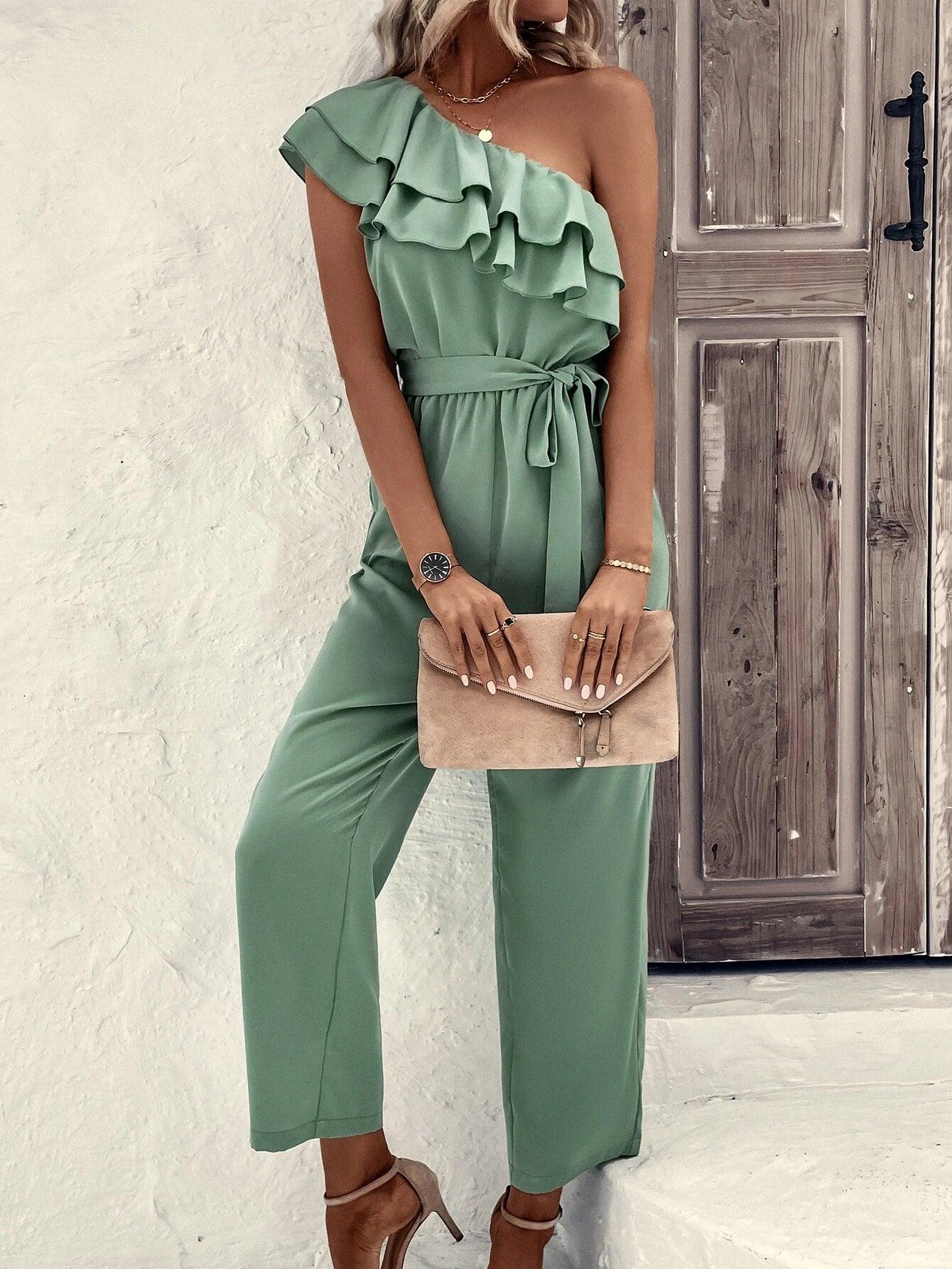 Shoulder Ruffle Trim Belted Jumpsuit-Comfy Jumpsuits