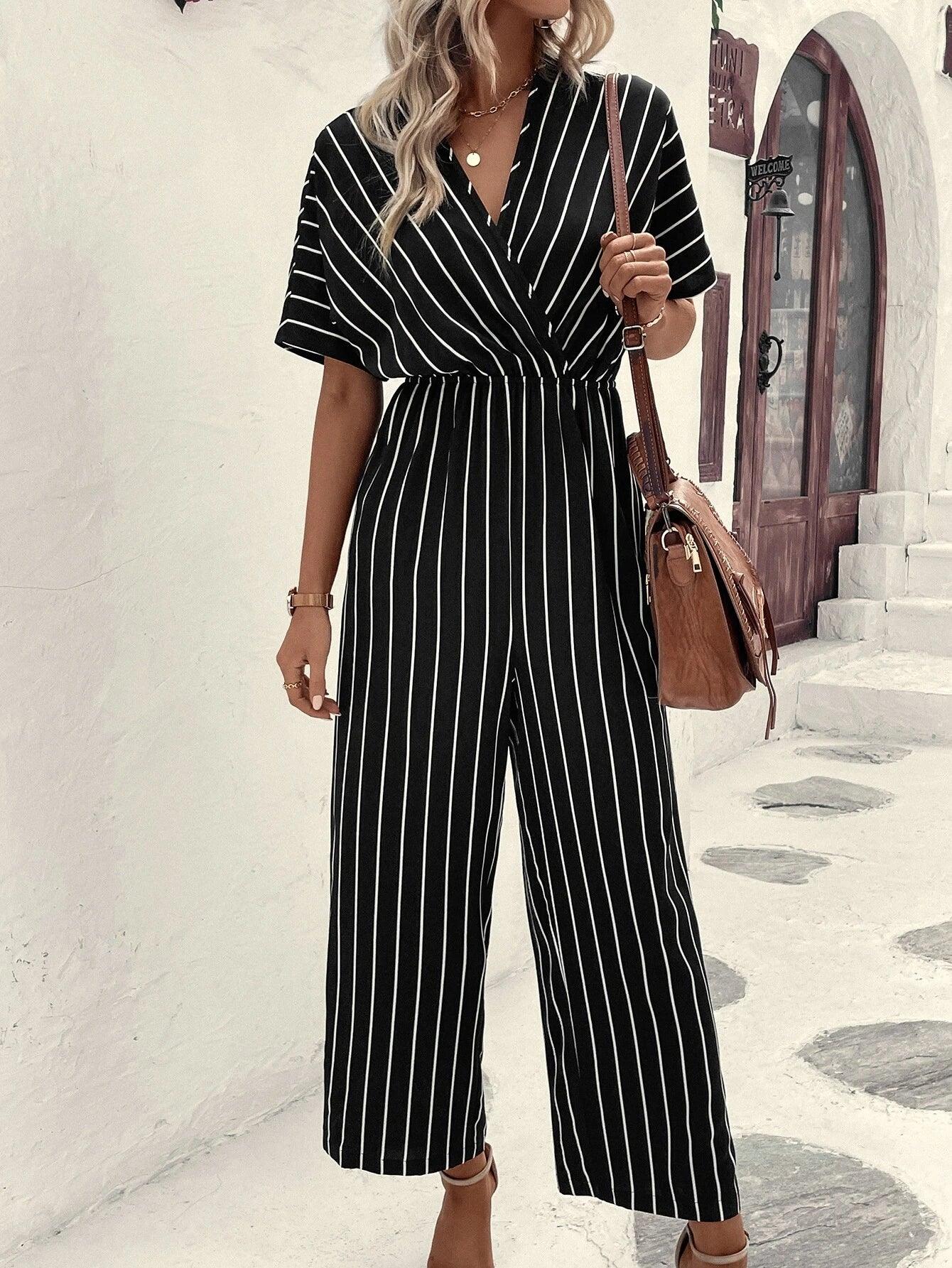 Striped V-Neck Jumpsuit-Comfy Jumpsuits