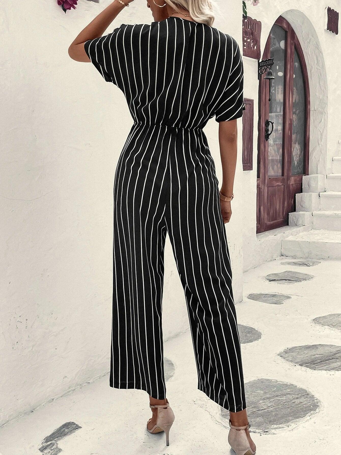 Striped V-Neck Jumpsuit-Comfy Jumpsuits