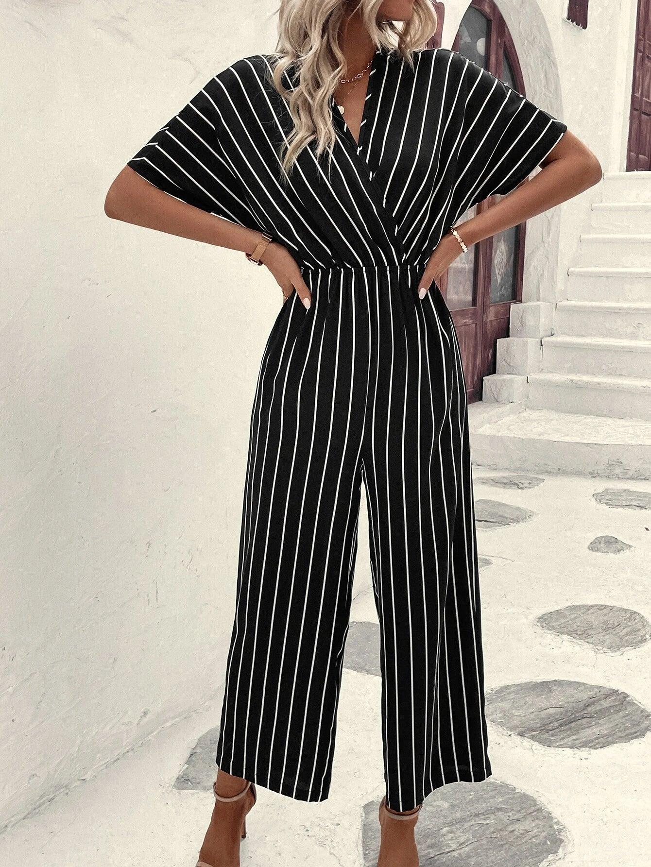 Striped V-Neck Jumpsuit-Comfy Jumpsuits