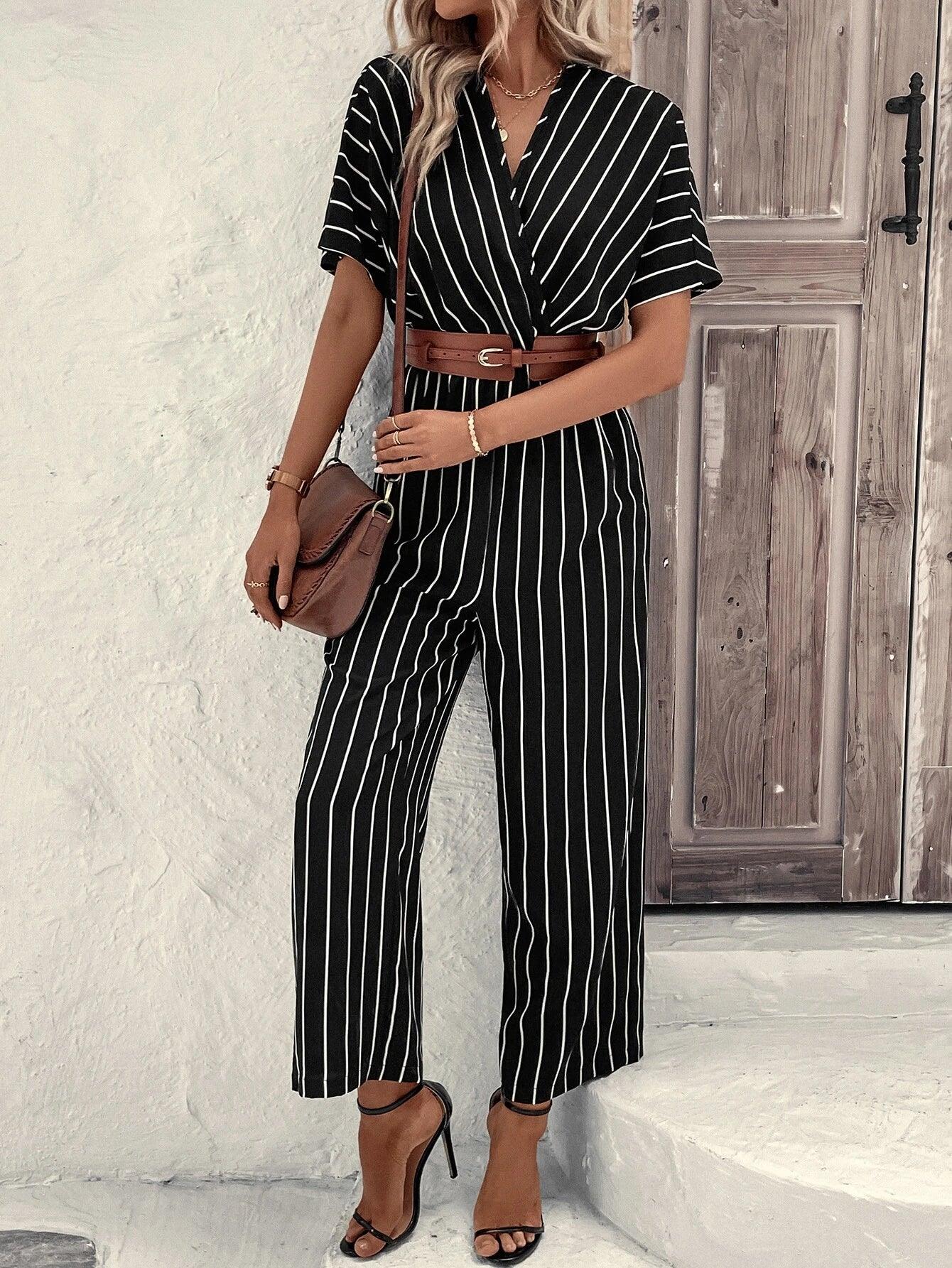 Striped V-Neck Jumpsuit-Comfy Jumpsuits