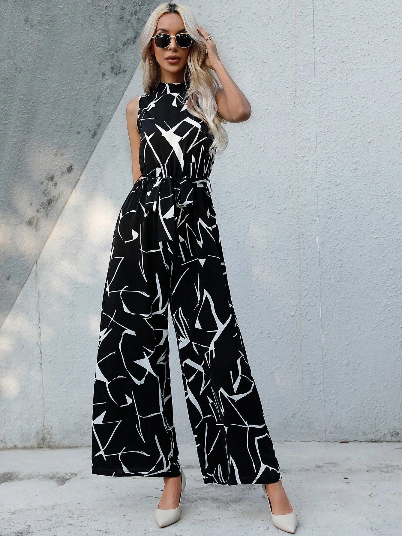 Abstract Print Belted Jumpsuit-Comfy Jumpsuits