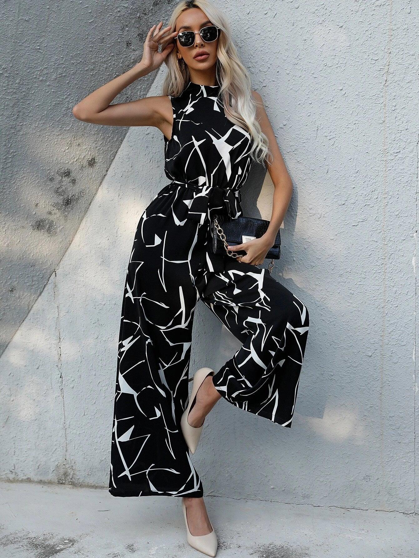 Abstract Print Belted Jumpsuit-Comfy Jumpsuits