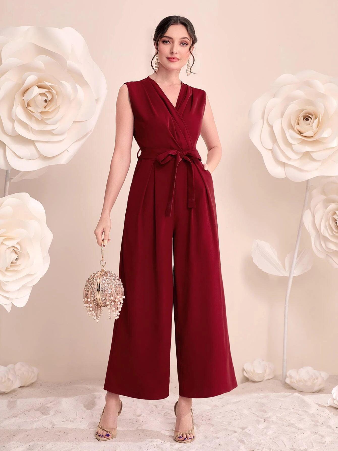 Neck Belted Wide Leg Jumpsuit-Comfy Jumpsuits