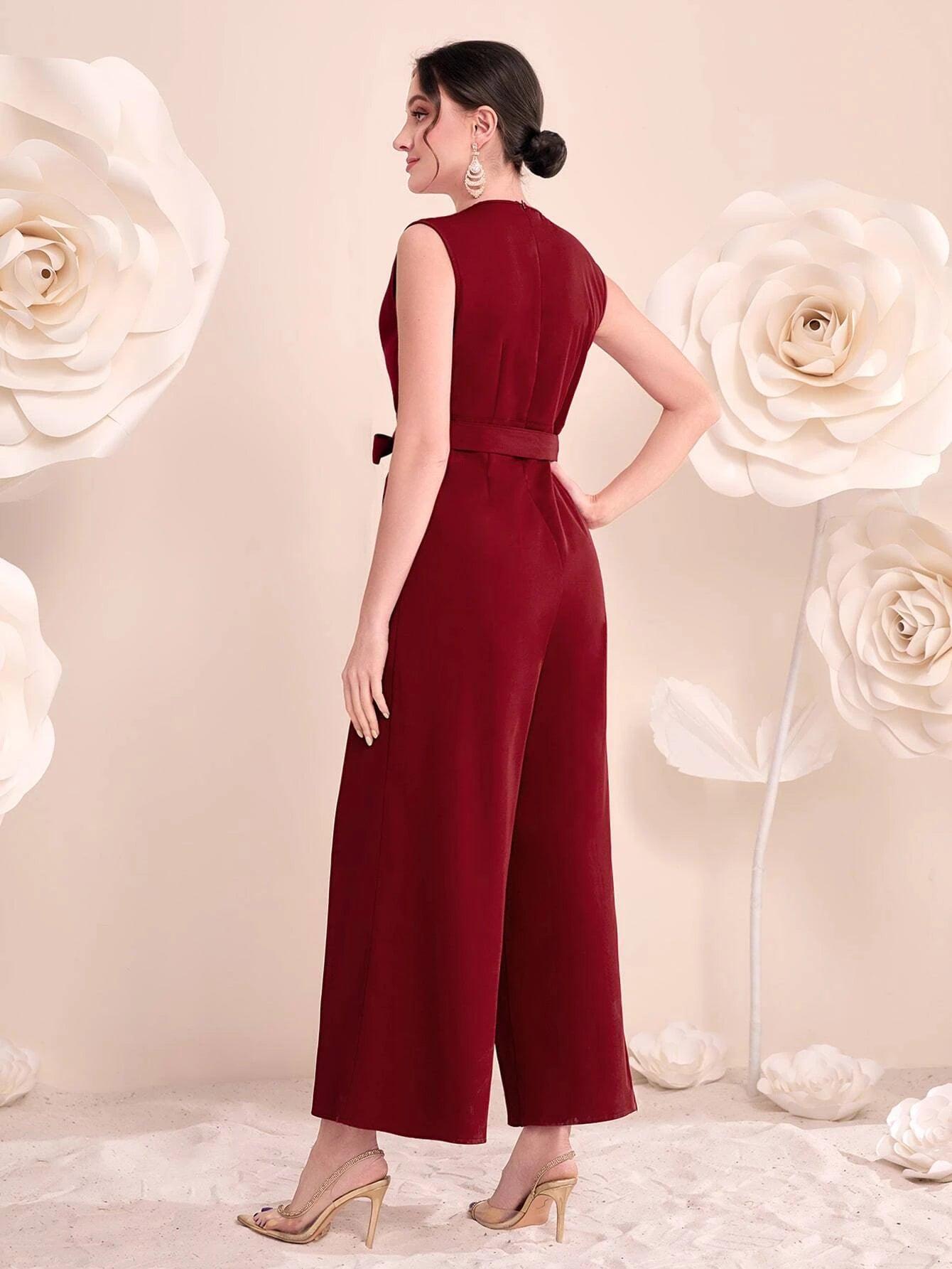 Neck Belted Wide Leg Jumpsuit-Comfy Jumpsuits