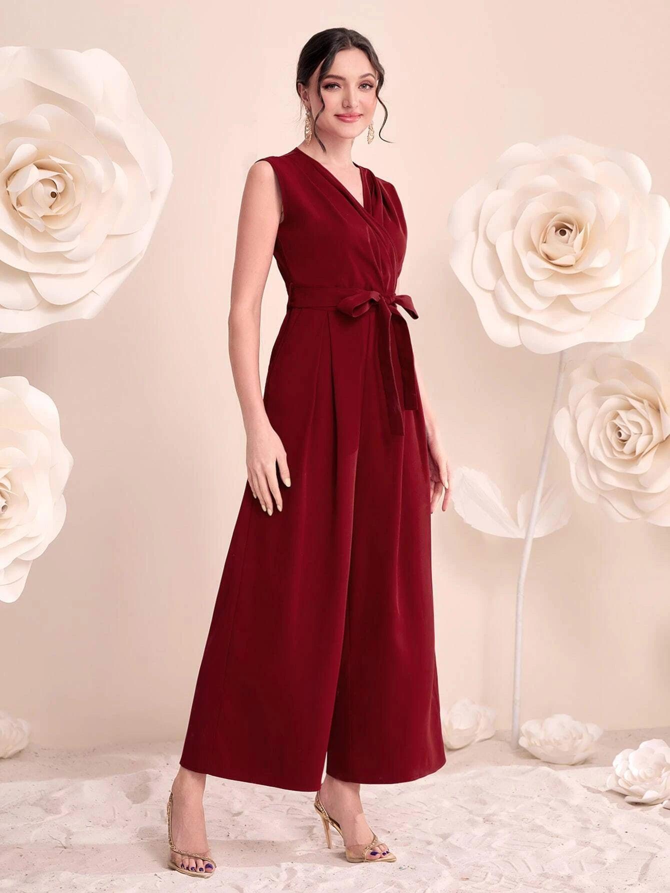 Neck Belted Wide Leg Jumpsuit-Comfy Jumpsuits