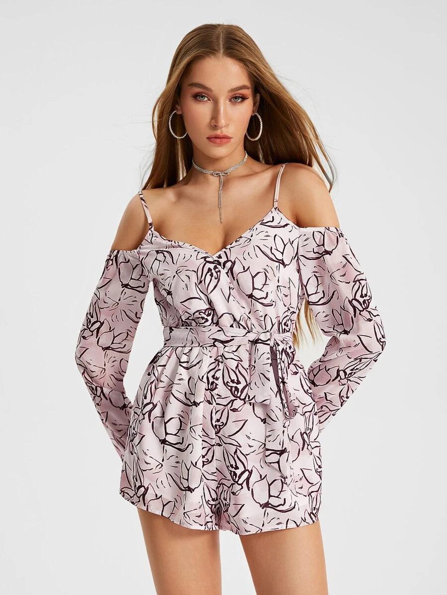 Allover Print Cold Shoulder Belted Romper-Comfy Jumpsuits