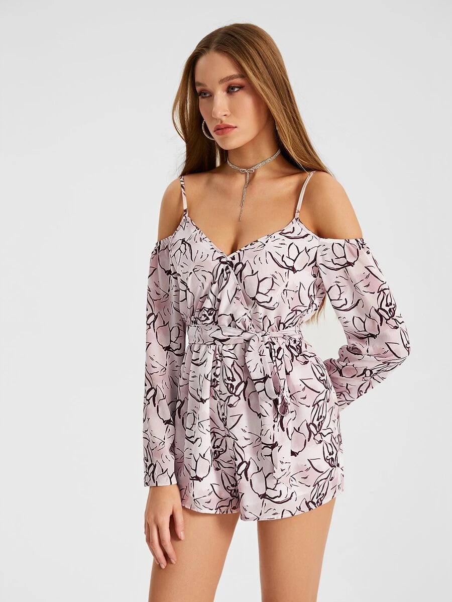 Allover Print Cold Shoulder Belted Romper-Comfy Jumpsuits