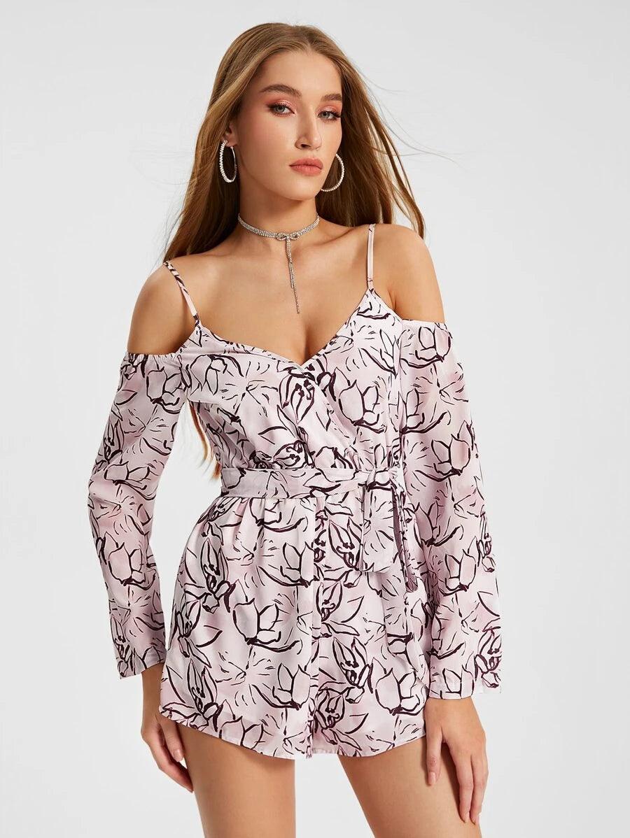 Allover Print Cold Shoulder Belted Romper-Comfy Jumpsuits