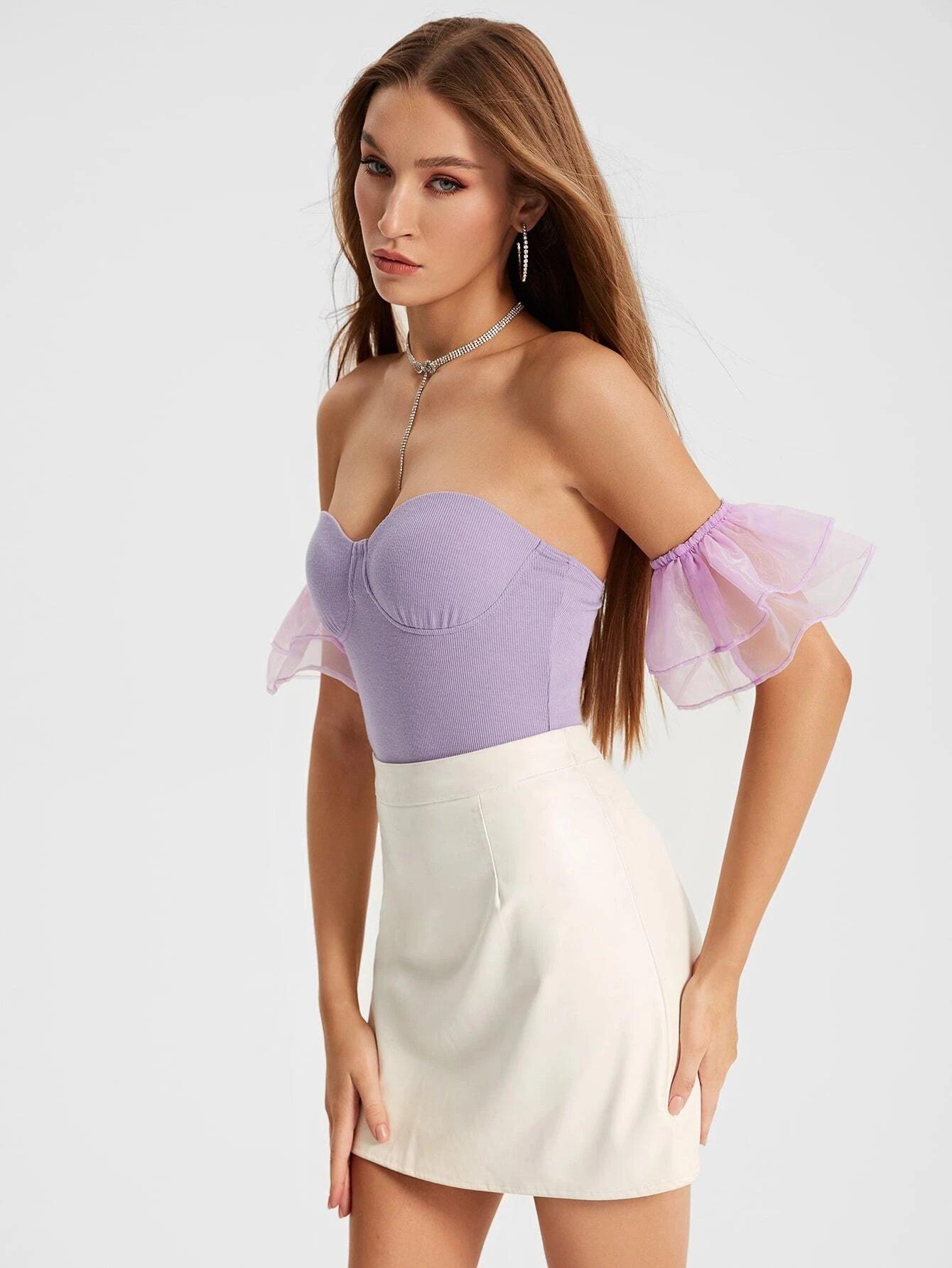 Contrast Mesh Ruffle Sleeve Bodysuit-Comfy Jumpsuits