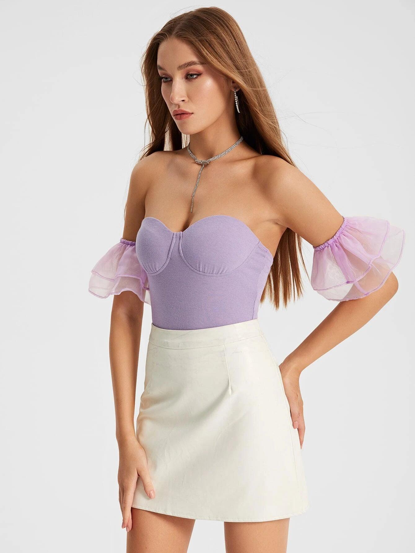 Contrast Mesh Ruffle Sleeve Bodysuit-Comfy Jumpsuits