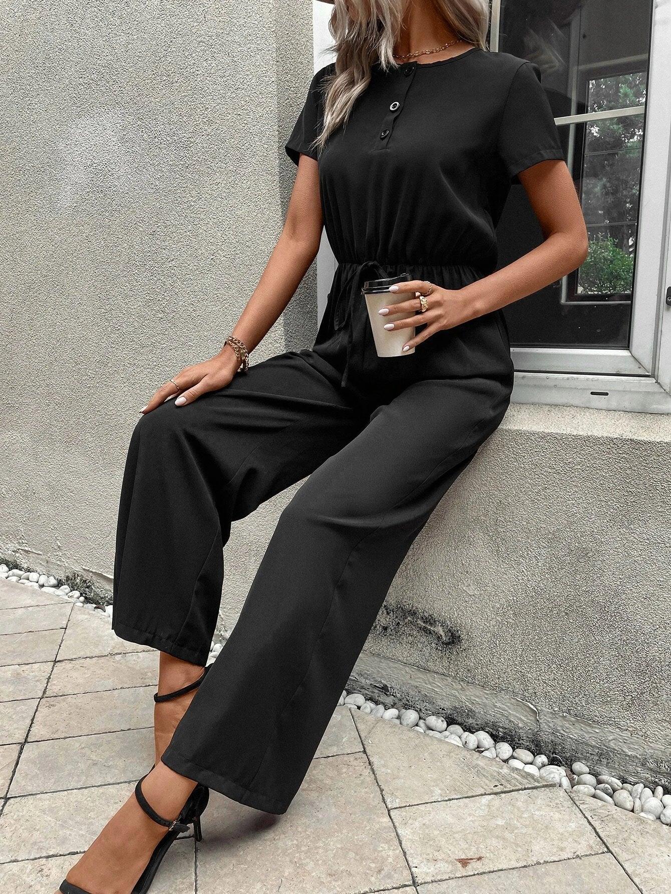 Tie Front Wide Bottom Jumpsuit-Comfy Jumpsuits