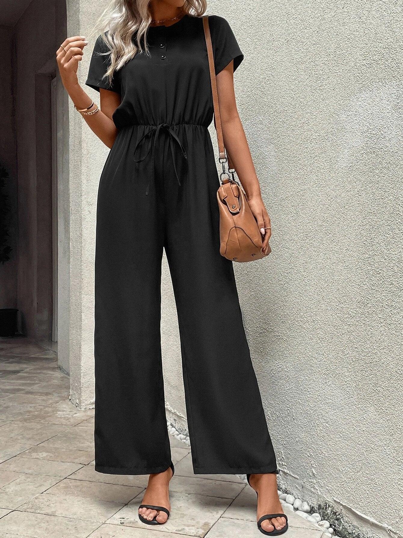 Tie Front Wide Bottom Jumpsuit-Comfy Jumpsuits
