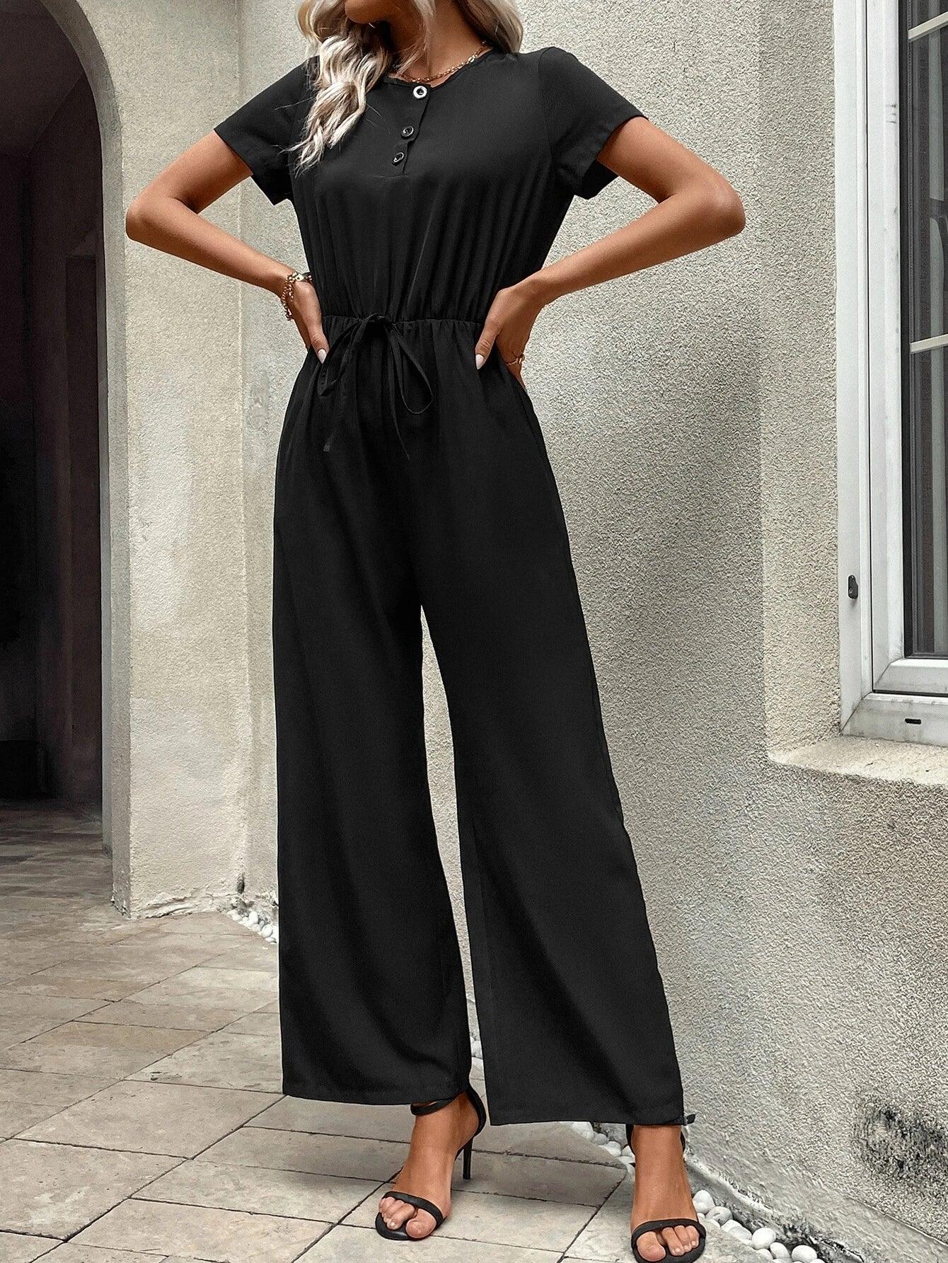 Tie Front Wide Bottom Jumpsuit-Comfy Jumpsuits