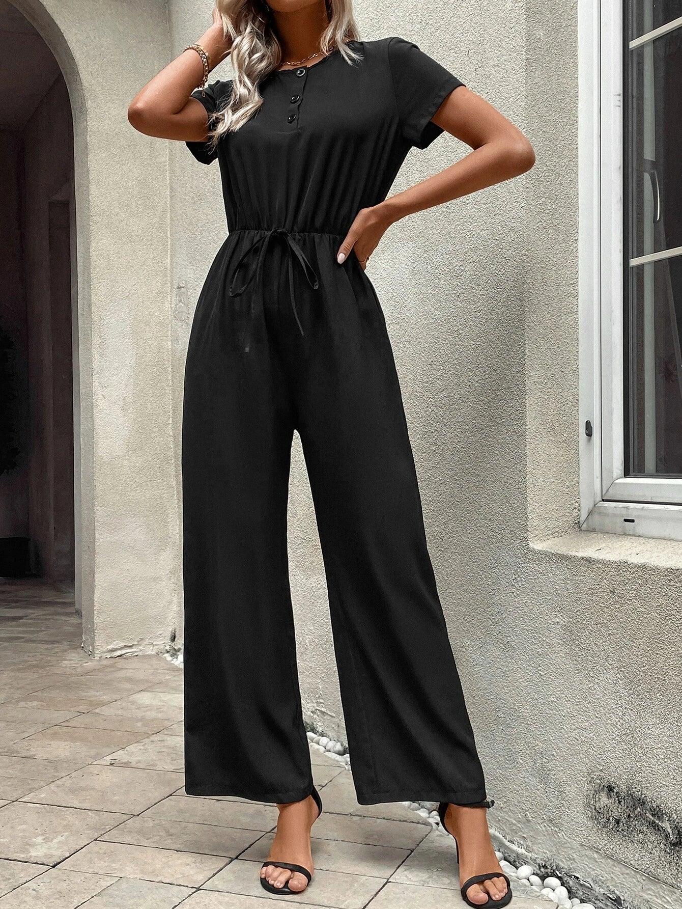Tie Front Wide Bottom Jumpsuit-Comfy Jumpsuits