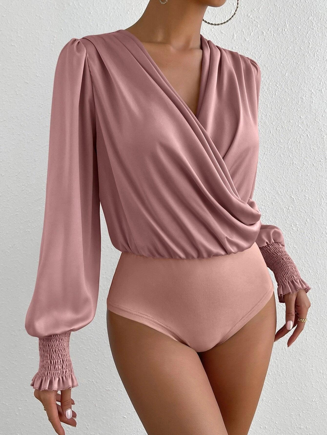Regular Fit Surplice Neck Lantern Sleeve Bodysuit-Comfy Jumpsuits