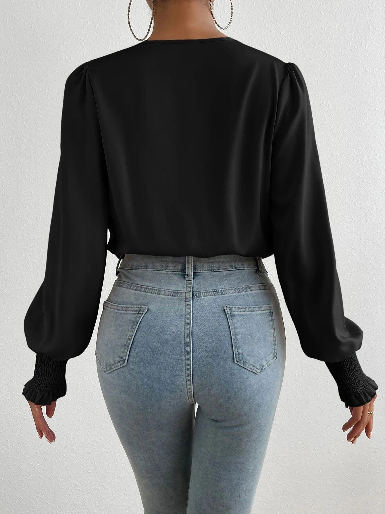 Regular Fit Surplice Neck Lantern Sleeve Bodysuit-Comfy Jumpsuits