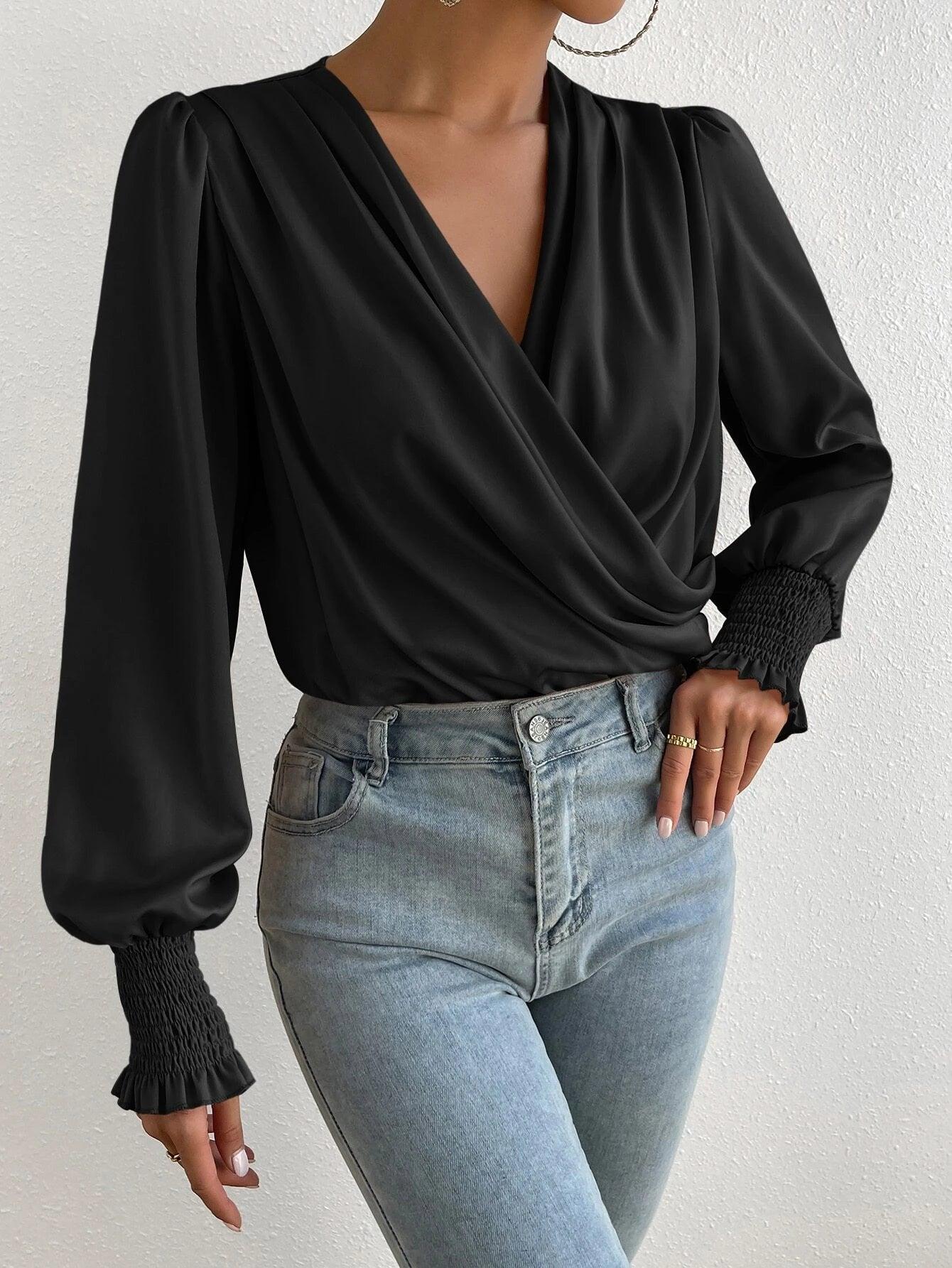 Regular Fit Surplice Neck Lantern Sleeve Bodysuit-Comfy Jumpsuits