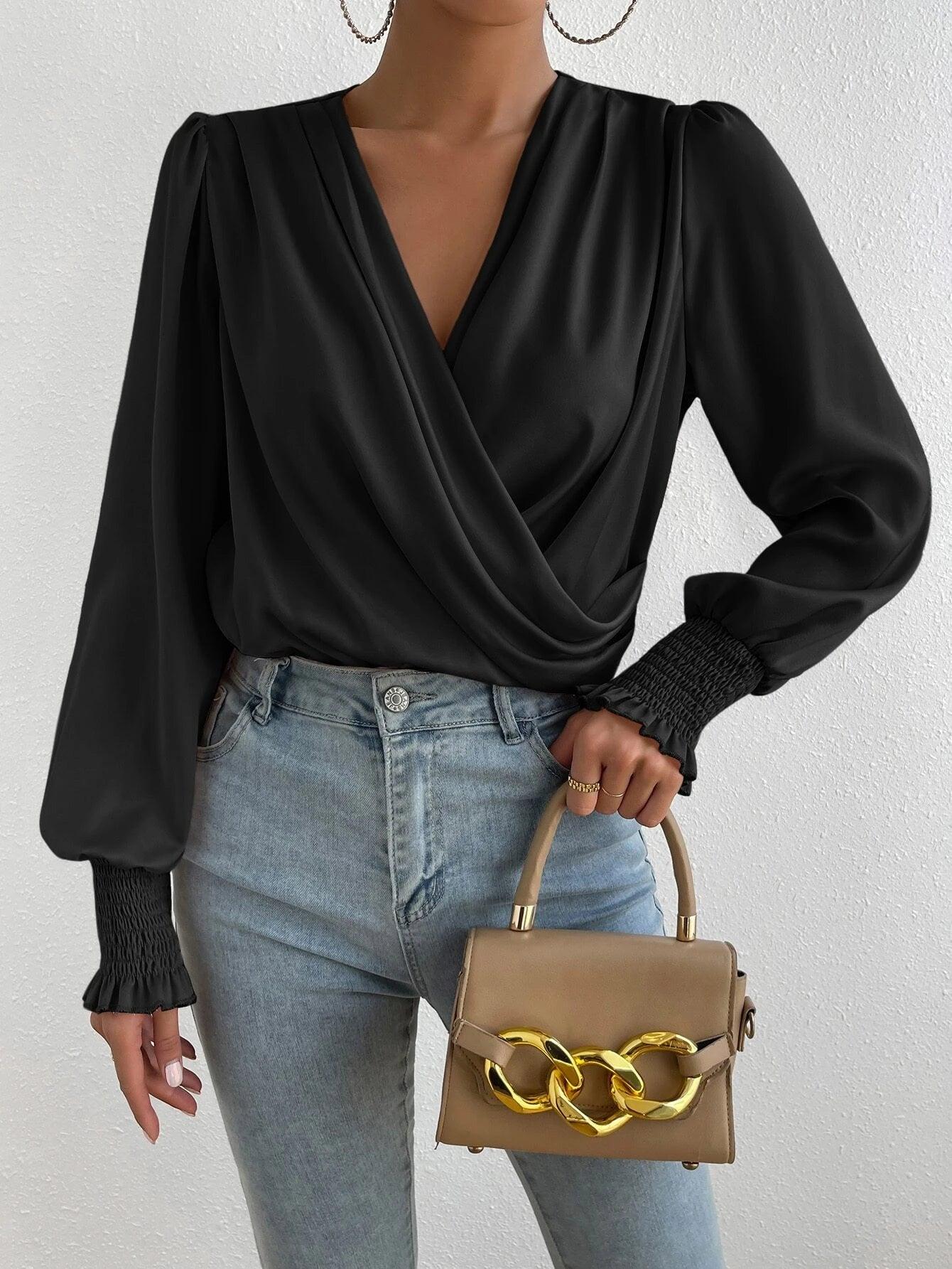 Regular Fit Surplice Neck Lantern Sleeve Bodysuit-Comfy Jumpsuits