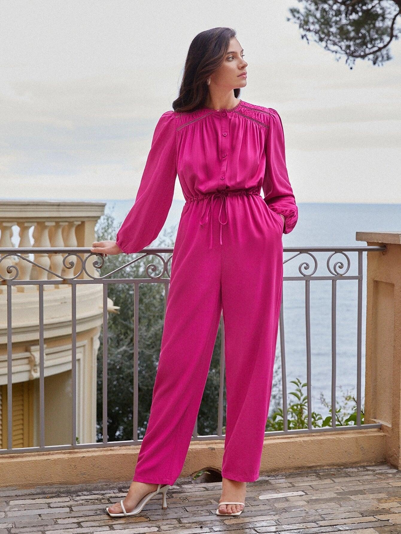 Bishop Sleeve Drawstring Jumpsuit-Comfy Jumpsuits