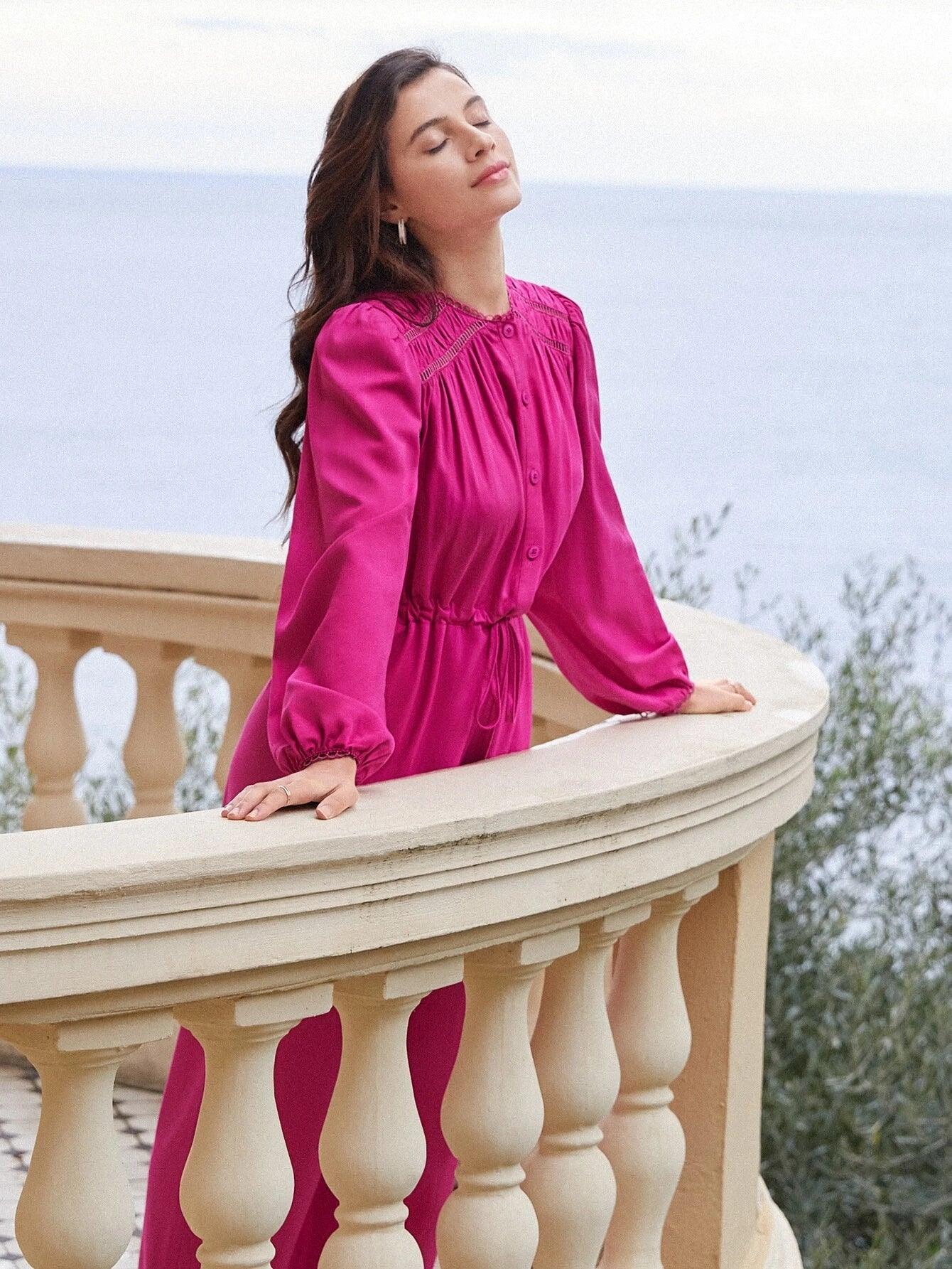 Bishop Sleeve Drawstring Jumpsuit-Comfy Jumpsuits