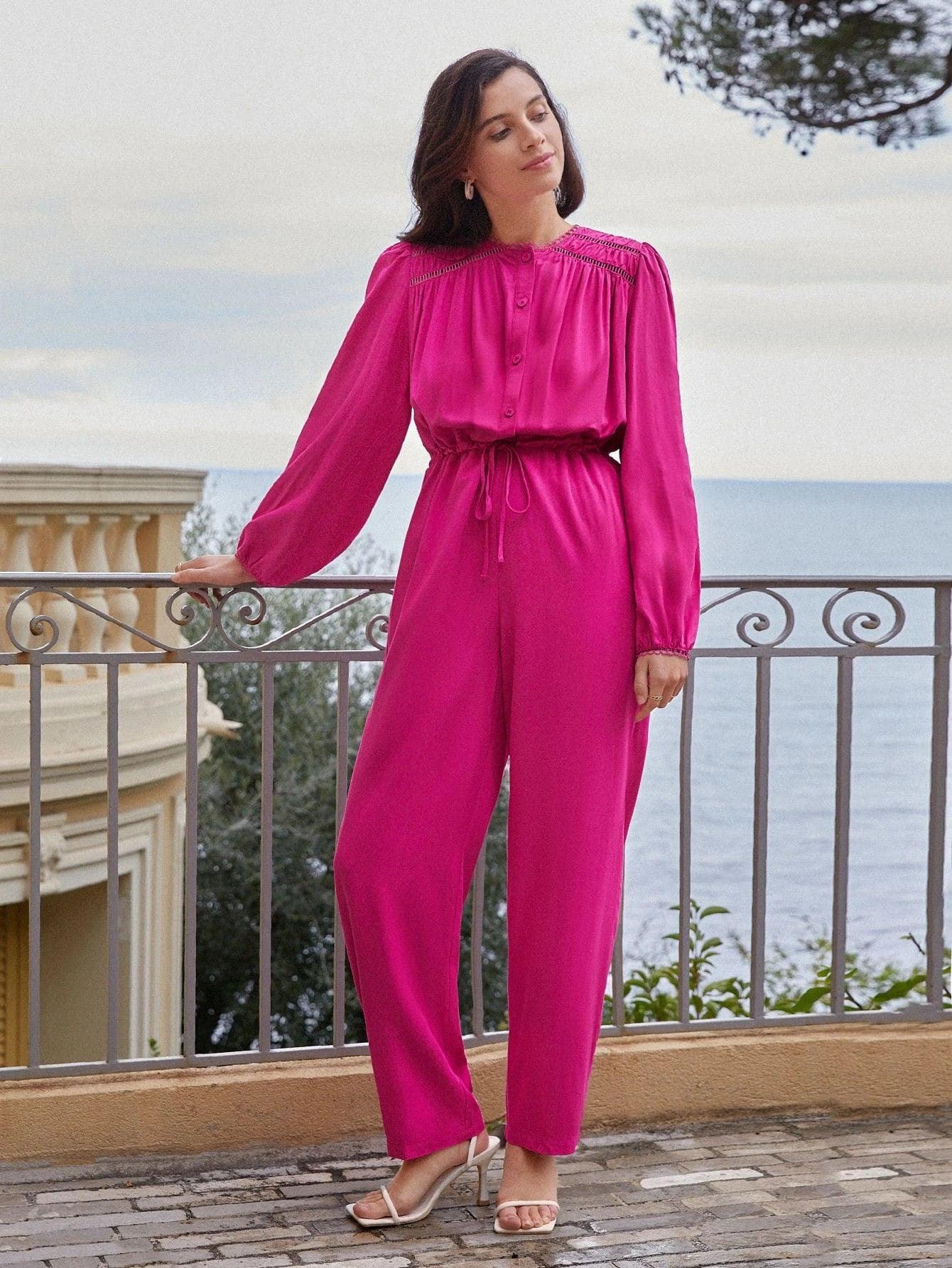 Bishop Sleeve Drawstring Jumpsuit-Comfy Jumpsuits