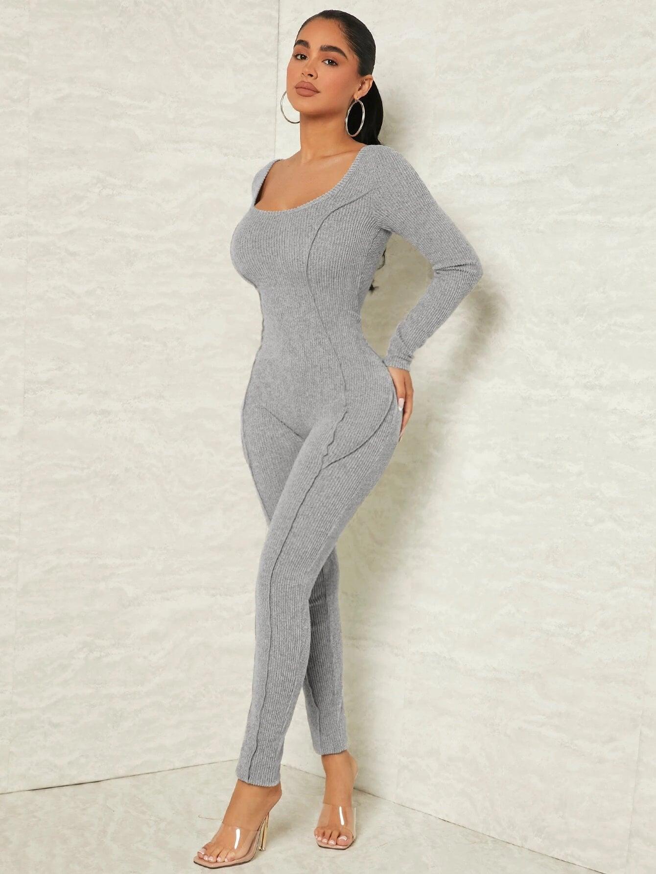 Scoop Neck Rib Knit Unitard Jumpsuit-Comfy Jumpsuits