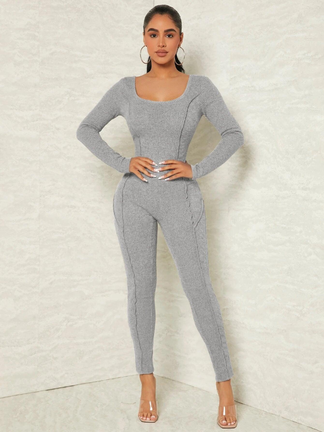 Scoop Neck Rib Knit Unitard Jumpsuit-Comfy Jumpsuits