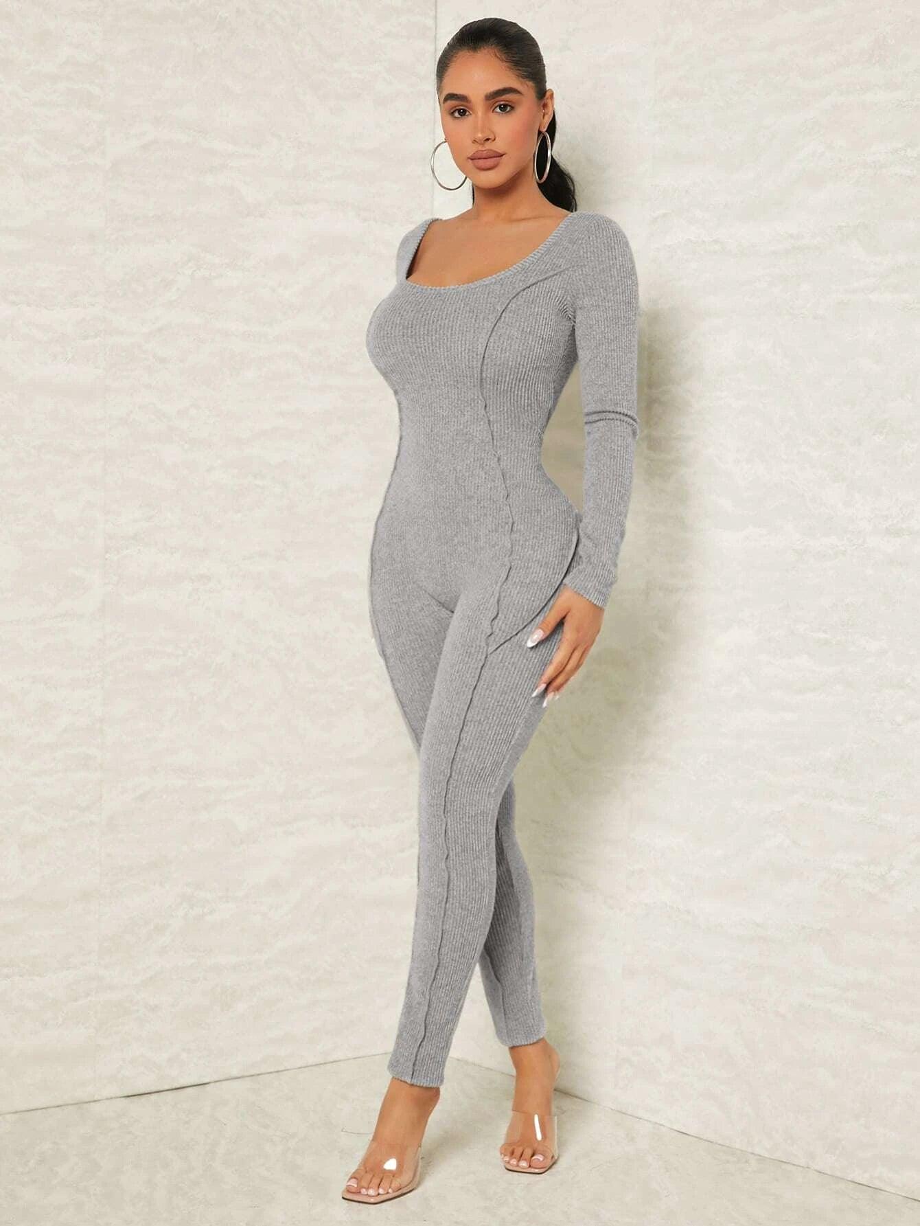 Scoop Neck Rib Knit Unitard Jumpsuit-Comfy Jumpsuits