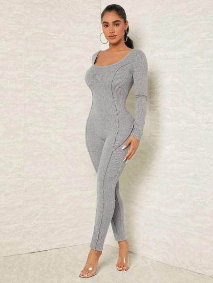Scoop Neck Rib Knit Unitard Jumpsuit-Comfy Jumpsuits
