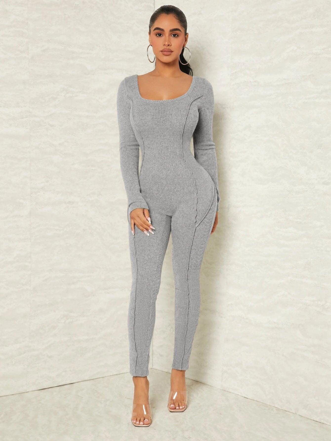 Scoop Neck Rib Knit Unitard Jumpsuit-Comfy Jumpsuits